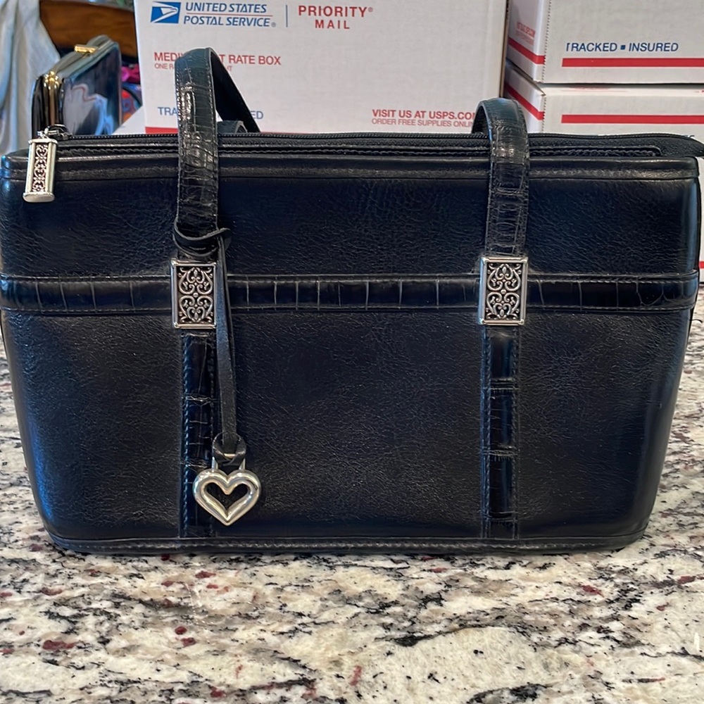 Brighton Black Leather Shoulder Bag Heart Charm Croc Trim Tote